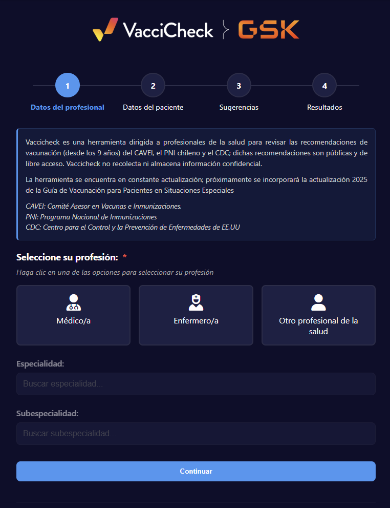 Pantalla de VacciCheck: selección de profesión y flujo de recomendación de vacunas